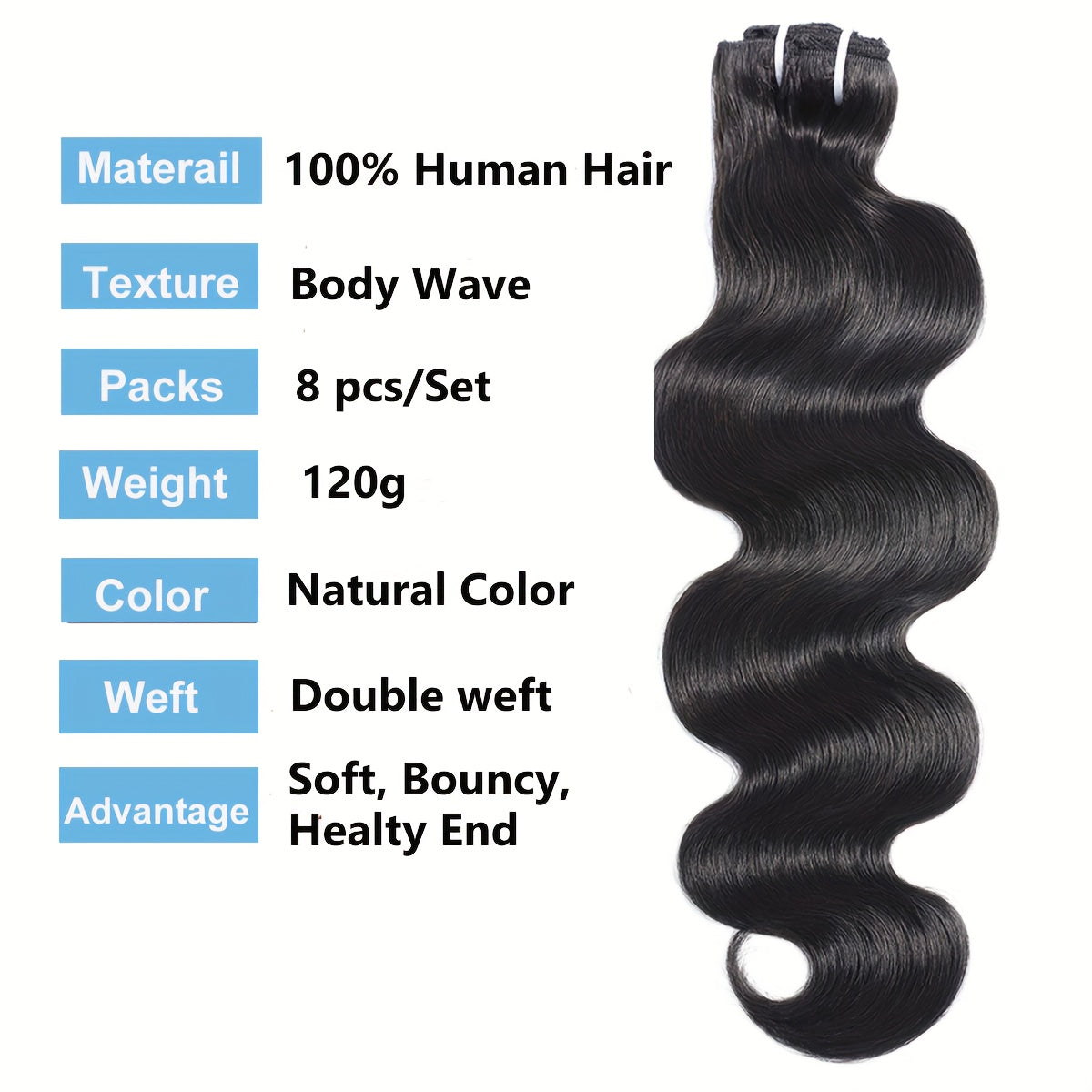 Body Wave Clip Ins Human Hair 8pcs/Set 4.23 oz Body Wave Clip In Hair Extensions 10A Brazilian Virgin Human Hair for Natural Black Color 18 Inch